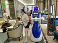 Robot camarero de color blanco y azul con bandeja frontal, para servir en interior