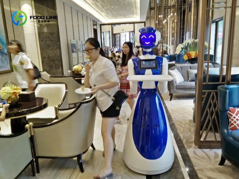 Robot camarero de color blanco y azul con bandeja frontal, para servir en interior