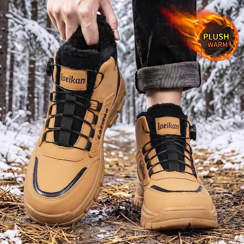 Botas de invierno cálidas de forro polar para hombre, con hebilla giratoria, caña alta, suela gruesa antideslizante, zapatos cómodos para la temporada fría y uso diario en la ciudad.