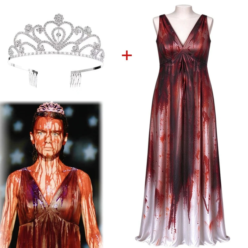 Disfraz Carrie White 2026 Nueva Serie Reina del Baile Sangrienta Mujer Halloween Cosplay Vestido Largo Con Tiara Corona Manchas de Sangre Fiesta de Terror