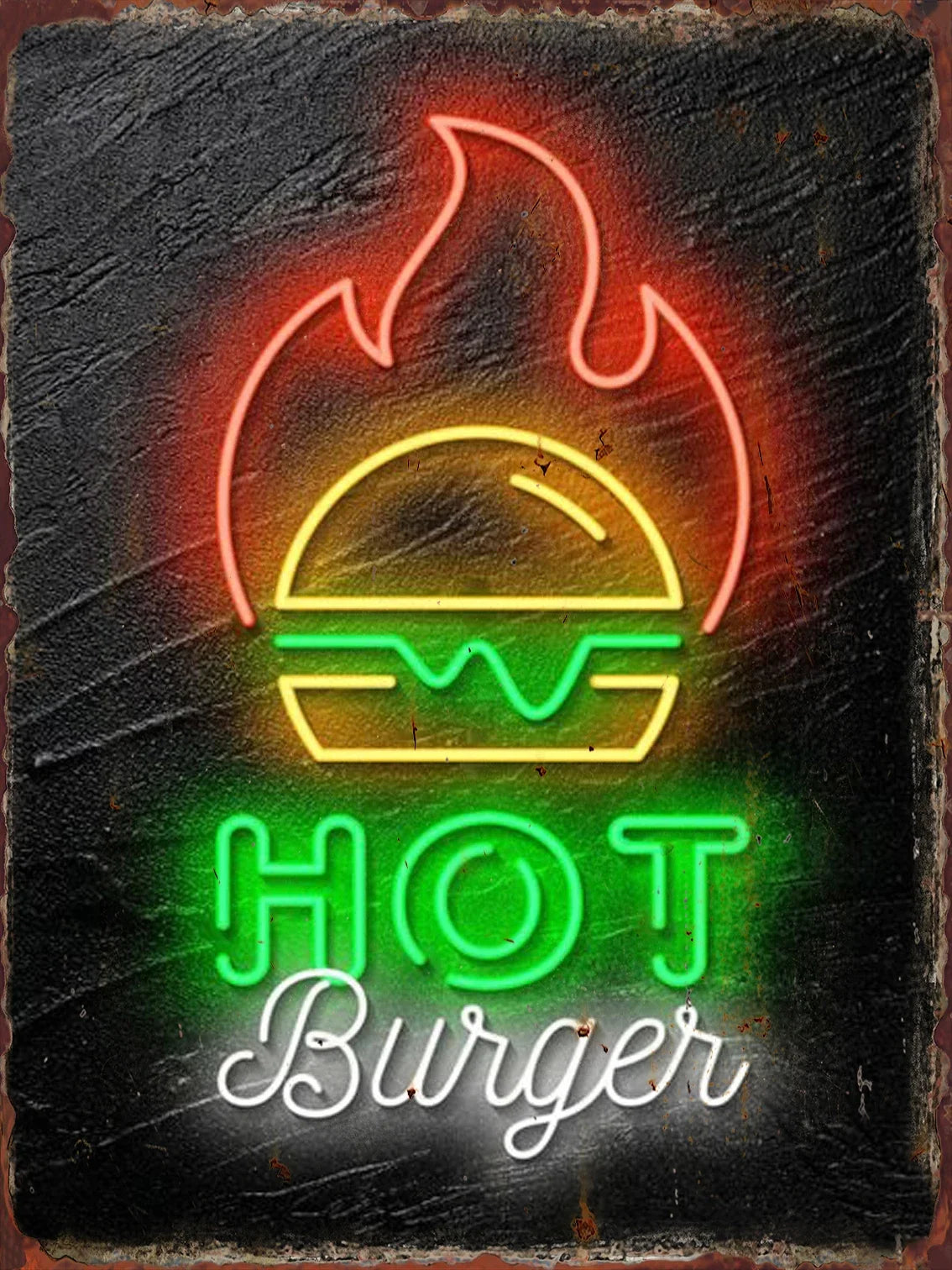 Cartel de hojalata con letrero neón de hamburguesa y texto “Burger”