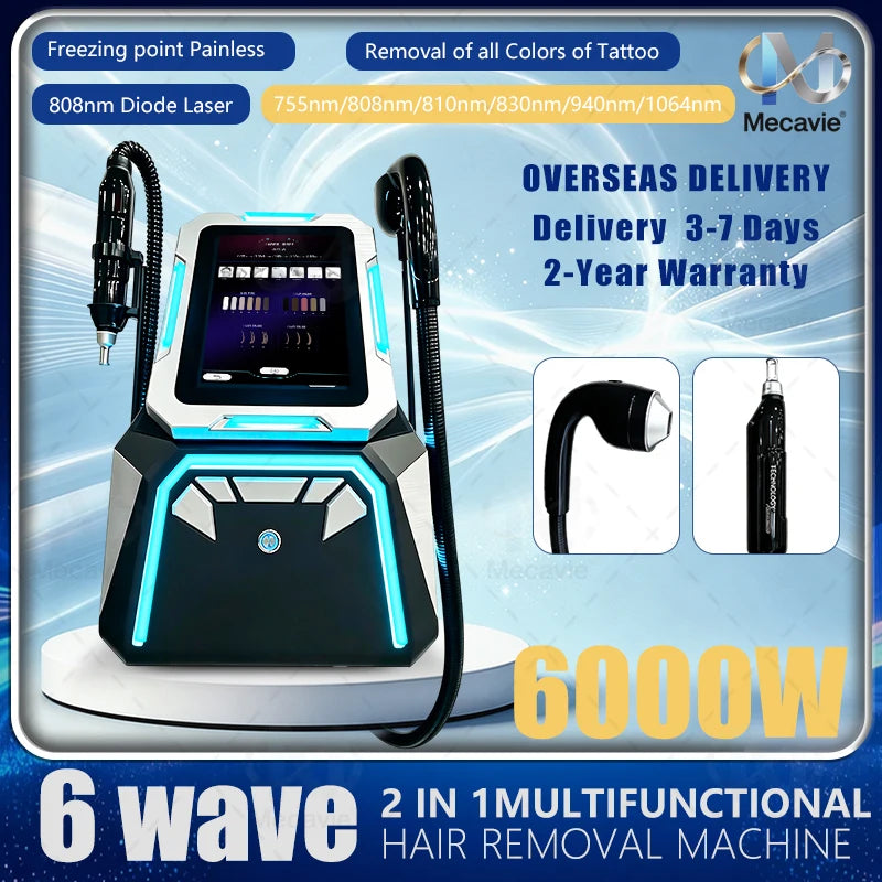 Láser de diodo de 808 nm, máquina láser de diodo 2 en 1 con 6 longitudes de onda, depilación indolora y eliminación de tatuajes de cualquier color, ideal para salones de belleza y clínicas.
