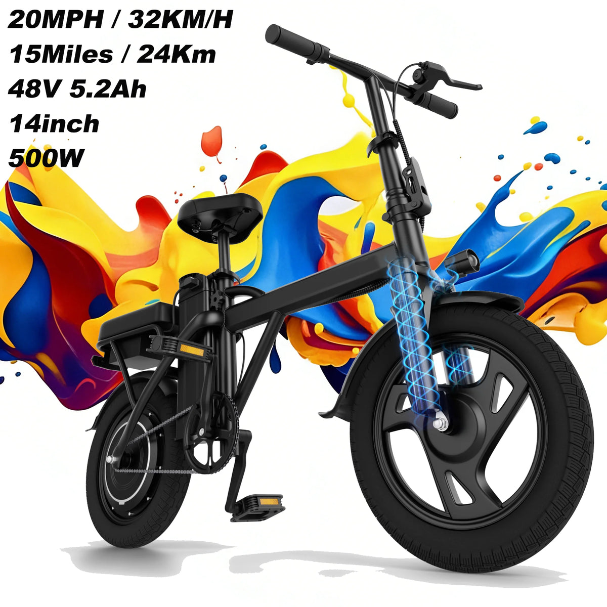 Bicicleta eléctrica plegable con motor de 500W, batería de litio de 48V 9Ah, ruedas todoterreno de 14", velocidad máxima de 35 km/h, autonomía de 64 km, suspensión, ideal para desplazamientos diarios, envío rápido en 3-7 días y garantía de 365 días.