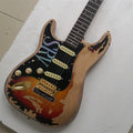 Guitarra eléctrica de 6 cuerdas para zurdos con acabado mate desgastado y pickguard negro, estilo vintage