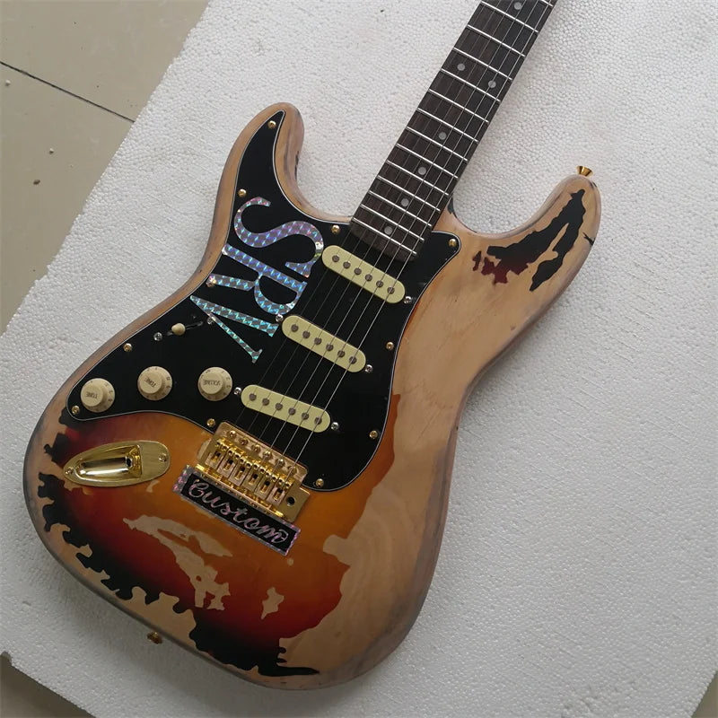 Guitarra eléctrica de 6 cuerdas para zurdos con acabado mate desgastado y pickguard negro, estilo vintage