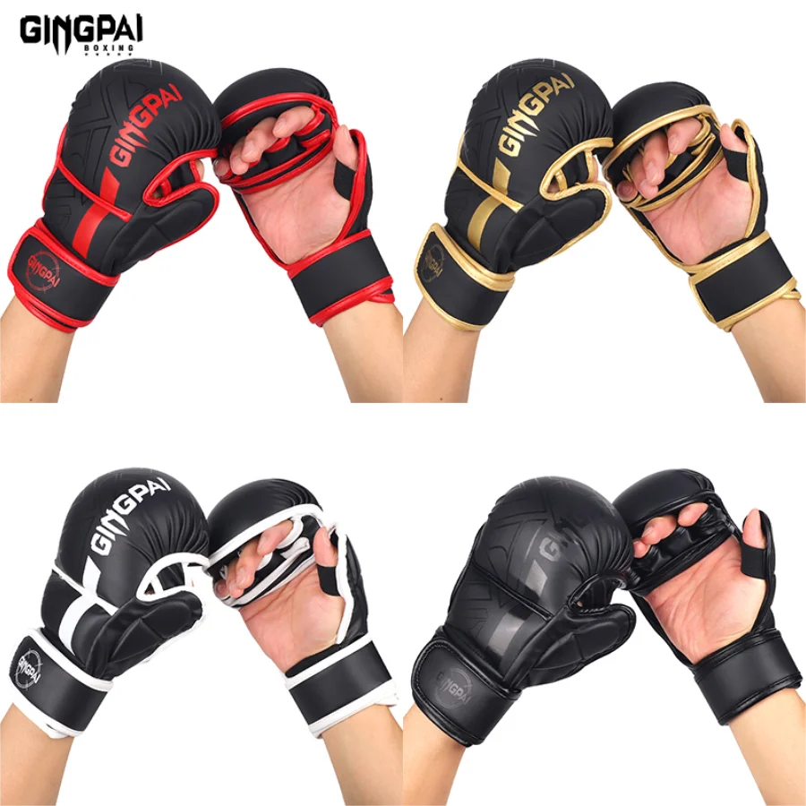 GINGPAI-guantes de boxeo profesionales MMA, Sanda, medio dedo, lucha, Muay Thai, mujeres, hombres, niños, entrenamiento, saco de arena para adultos