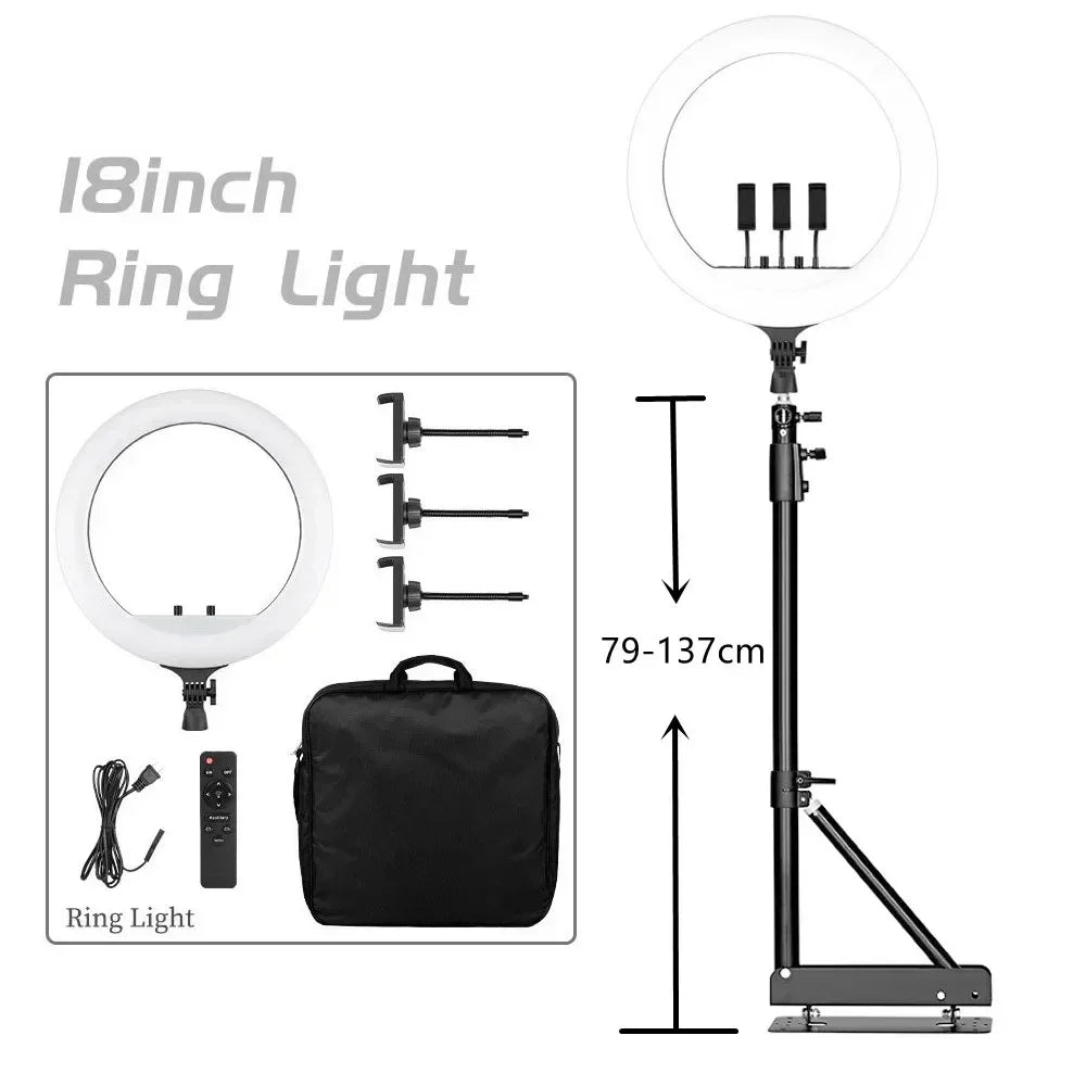 Aro de Luz LED de 45CM / 18 Pulgadas con Diferentes Estilos de Trípode o Soporte o Sin Soporte, Aro de Luz LED Grande de 18 Pulgadas con Control Remoto, Trípode, Soporte para Teléfono, Iluminación para Transmisiones en Vi