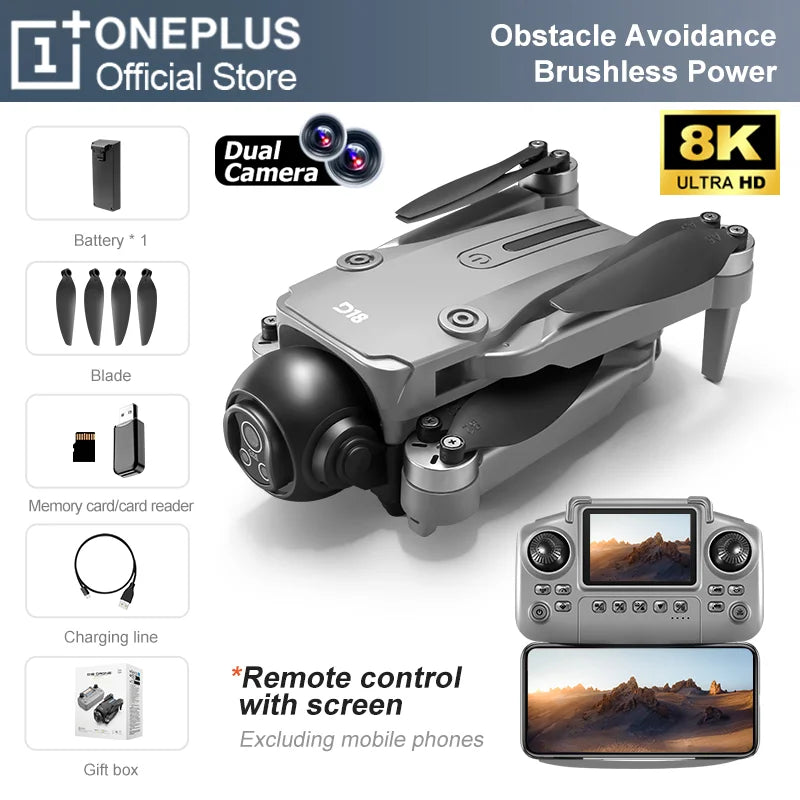 Dron OnePlus D18 con Cámara Dual 8K Aérea HD, Evitación Inteligente de Obstáculos, Motor sin Escobillas, GPS de Retorno y Control Remoto con Pantalla