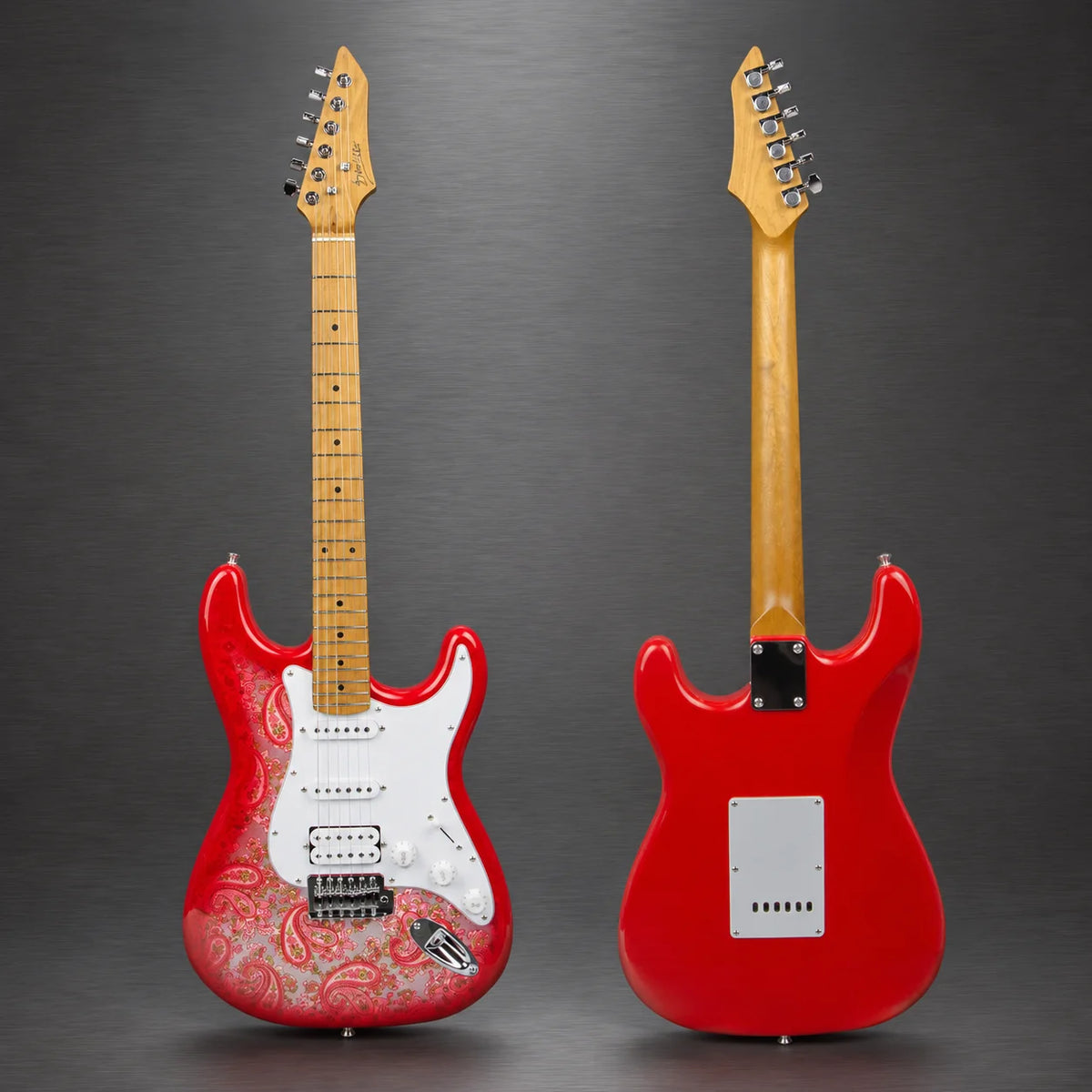 Guitarra eléctrica de estilo ST, 22 trastes, con diseño de estampado paisley, forma clásica ST, ideal para guitarristas de rock y blues.
