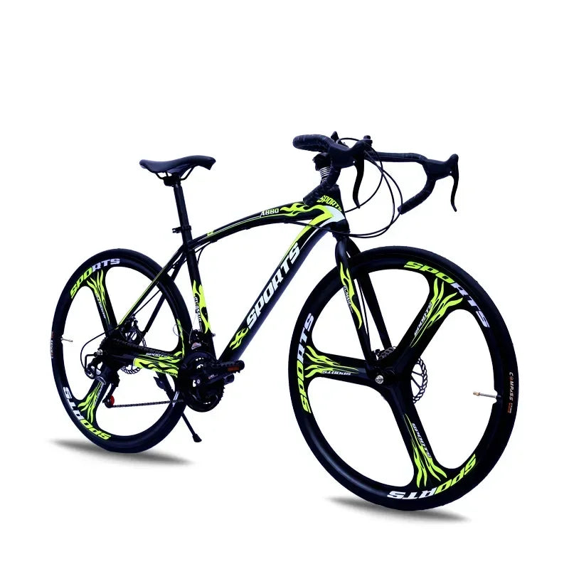 Bicicleta de carreras de 26 pulgadas con cuadro de acero al carbono, 21 velocidades, manubrio curvo, doble freno de disco y rines de 60 mm para adultos