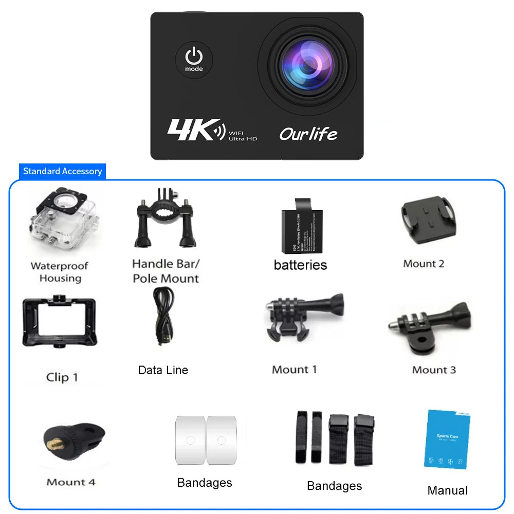 Cámara de acción Ourlife 4K Ultra HD 16MP WiFi pantalla de 2,0 pulgadas 170D DVR Webcam subacuática 30M casco grabación de vídeo cámara deportiva