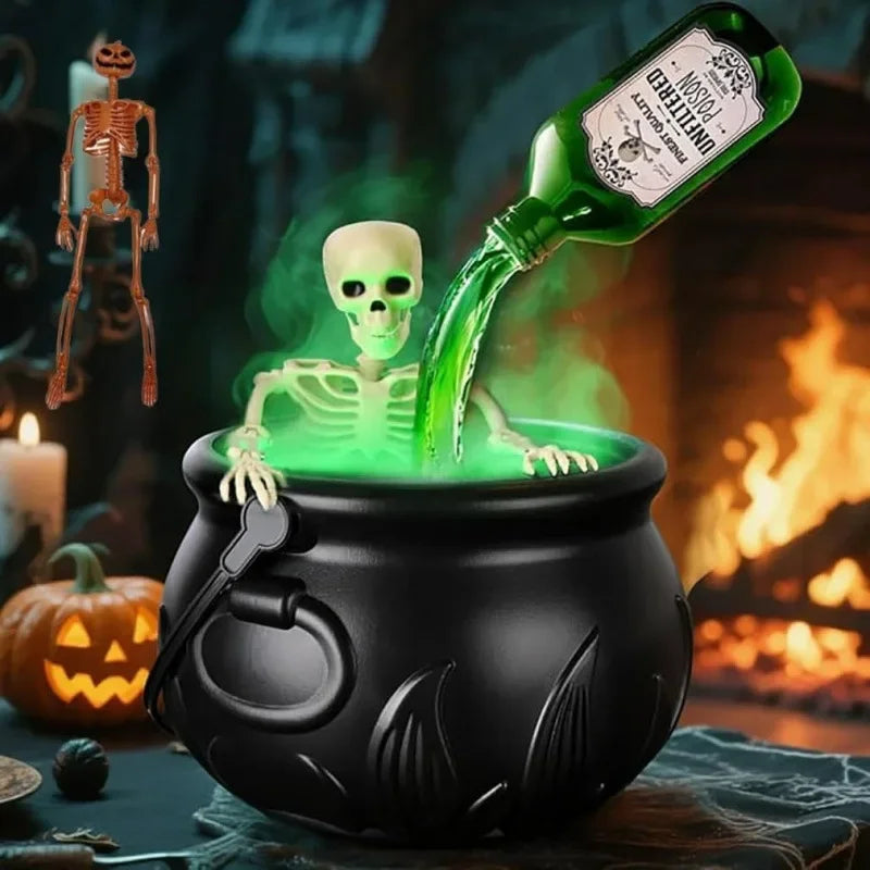 Decoraciones para fiestas, decoración del hogar, caldero de bruja, máquina de niebla con botella flotante, calavera, luz LED, accesorio de Halloween, brujería espeluznante