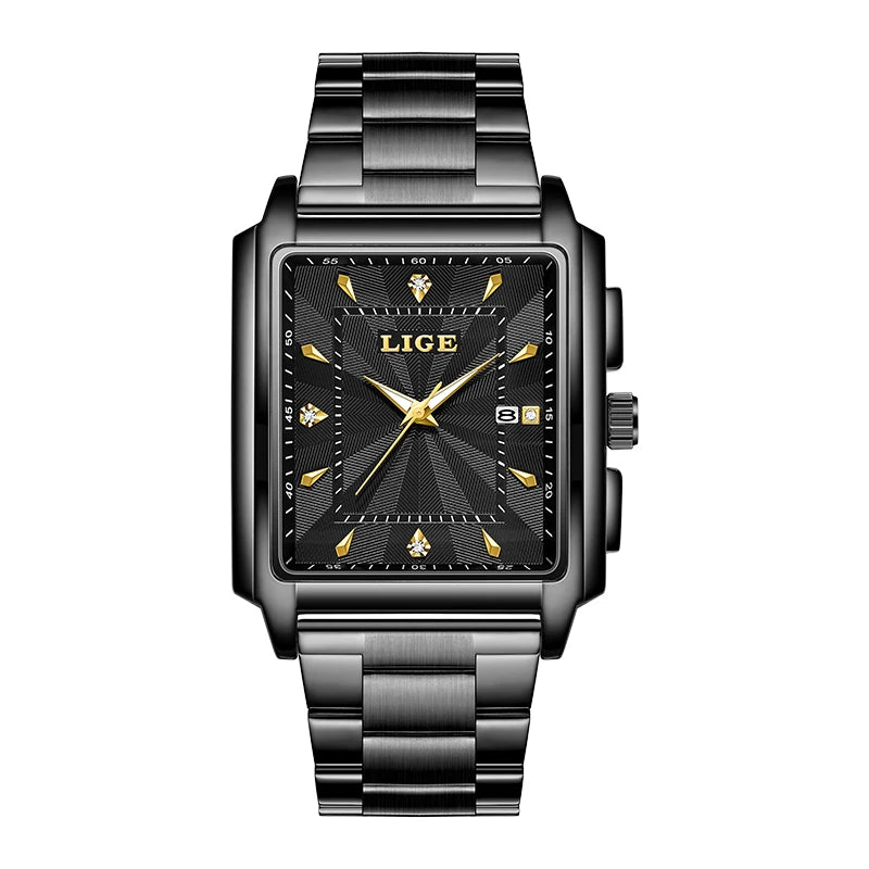 Reloj de pulsera LIGE de lujo para hombre, resistente al agua, luminoso, con fecha, de acero inoxidable, reloj cuadrado deportivo para hombre, reloj de cuarzo casual