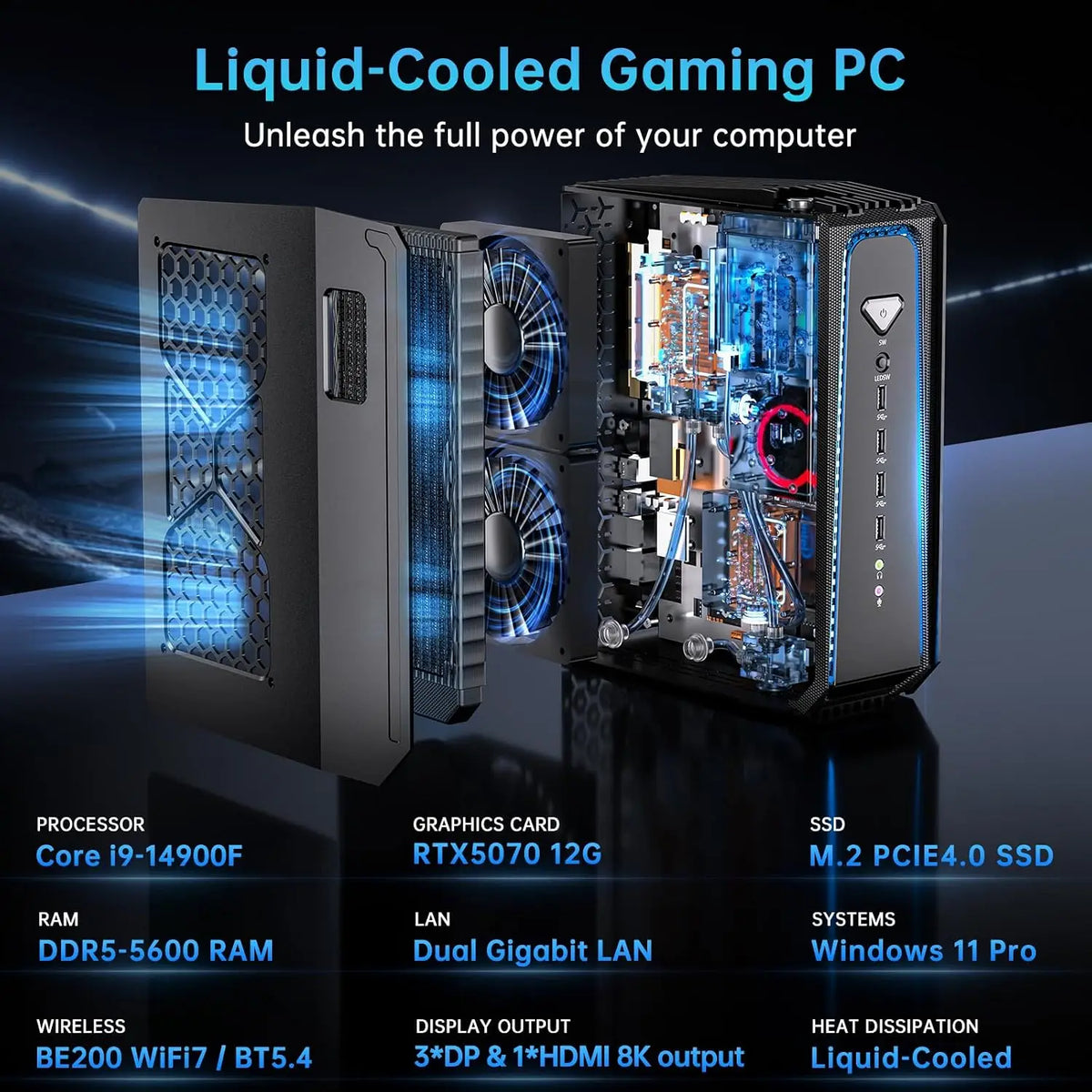 Mini PC Msecore con Refrigeración Líquida, Intel Core i9‑14900KF, GPU Dedicada RTX 5070, Windows 11, Computadora de Escritorio para Juegos, DDR5, NVMe SSD, WiFi6E, BT5.3