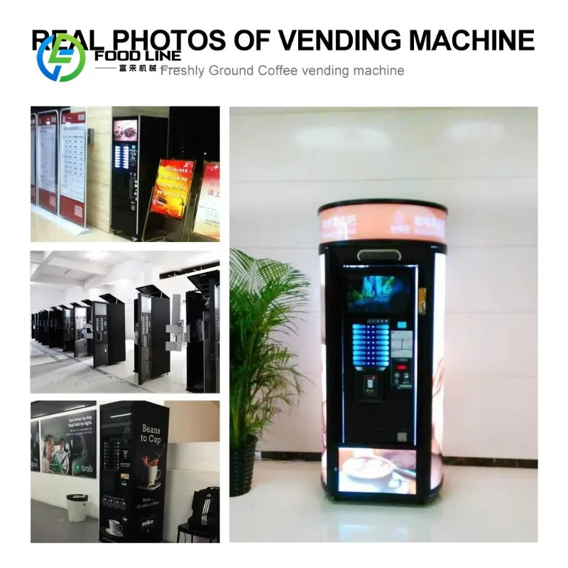 Máquina de café expendedora automática negra con pantalla azul y dispensador inferior