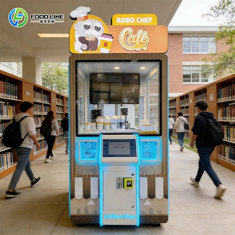 Máquina expendedora robótica de café, cabina frontal blanca con paneles azules y vidriera.