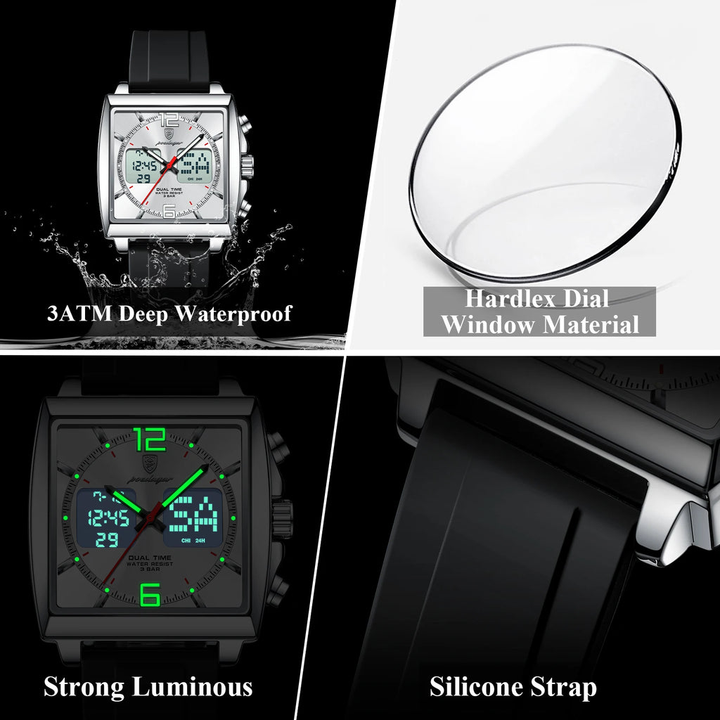 Reloj de pulsera para hombre POEDAGAR Fashion Square, cronógrafo de cuarzo con alarma LED, fecha y día, reloj militar electrónico