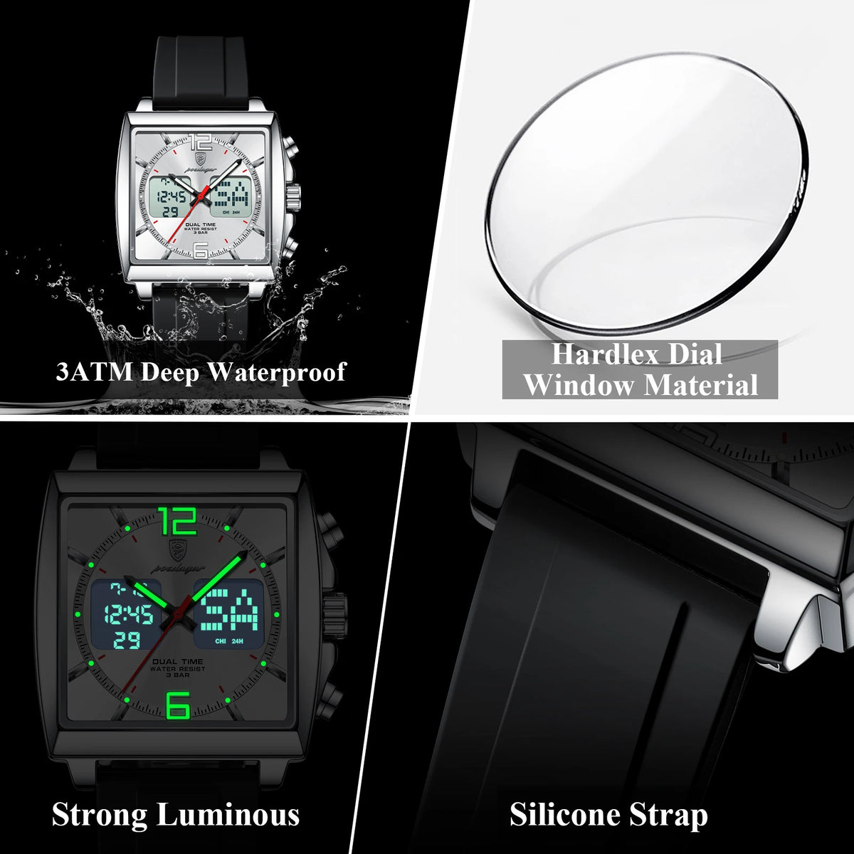 Reloj de pulsera para hombre POEDAGAR Fashion Square, cronógrafo de cuarzo con alarma LED, fecha y día, reloj militar electrónico