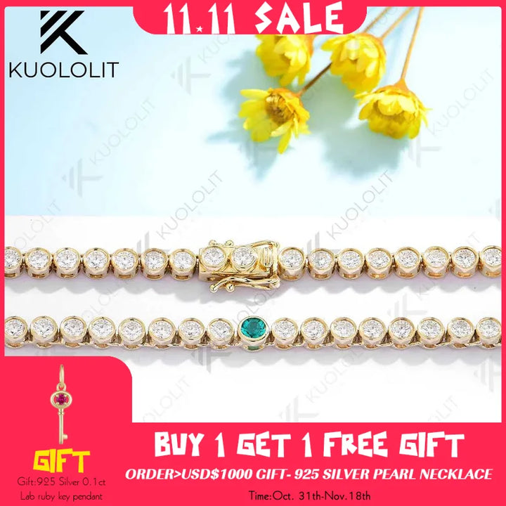 Kuololit-collar de tenis de Esmeralda cultivada en laboratorio de 7 quilates para mujer, collar de moissanita de oro sólido de 18K, 14K y 10K para fiesta, regalos de navidad
