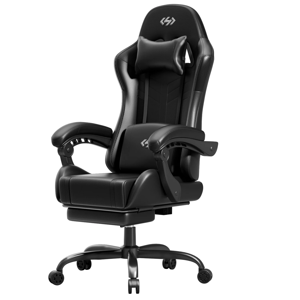Silla de gaming ergonómica negra con reposacabezas y apoyabrazos acolchados