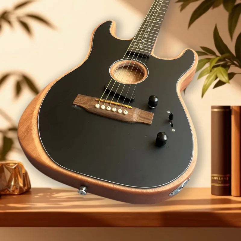 Guitarra acústica-eléctrica híbrida de 6 cuerdas, acabado negro mate, ribete de madera, una sola pastilla, ideal para música folclórica, pop y para usar en el escenario, perfecta para principiantes.