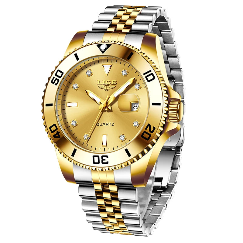 Reloj para hombre de moda LIGE con esfera de diamantes, reloj de negocios, resistente al agua, con calendario, cierre desplegable de mariposa y correa de acero inoxidable.