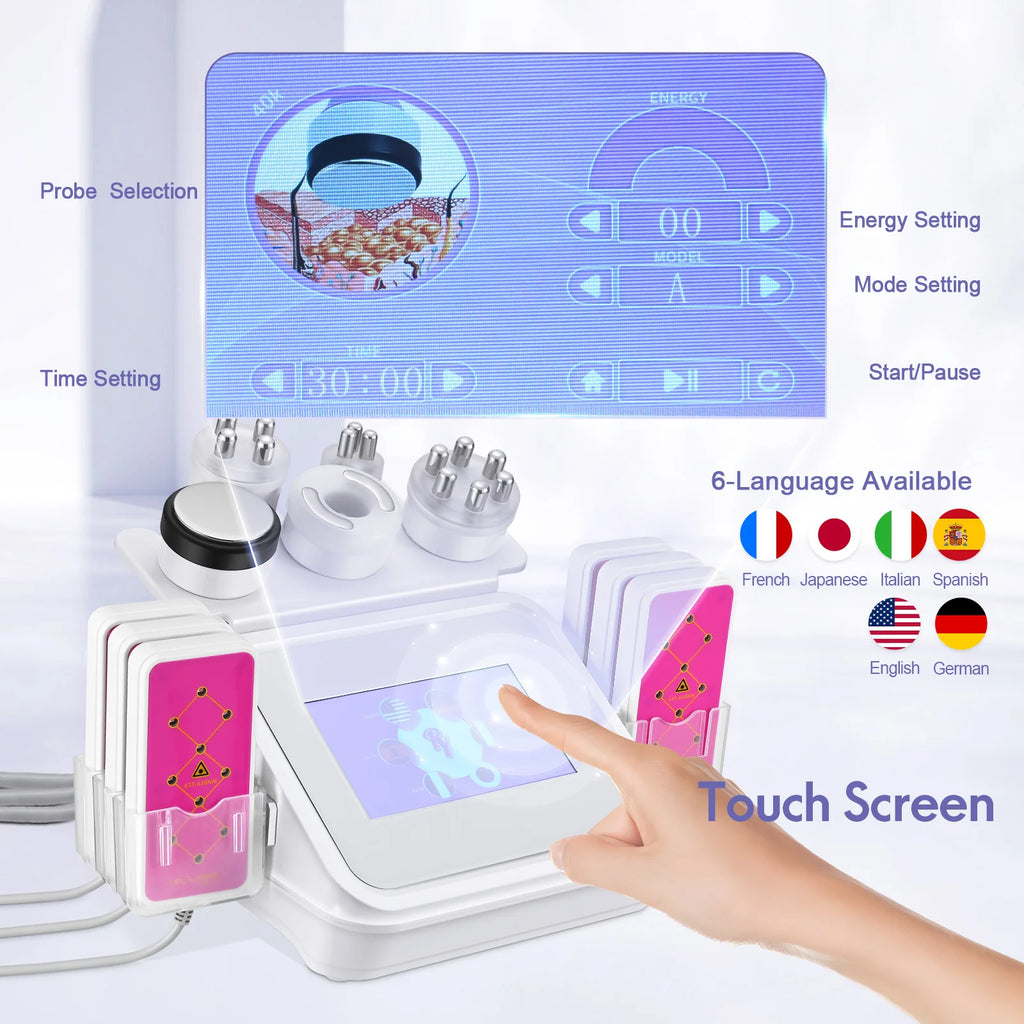 Máquina de Ultrasonido 6 en 1 con Pantalla Táctil para Moldear el Cuerpo, Masajeador Láser Lipo, Cavitación, Vacío, Quema de Grasa, Eliminación de Celulitis