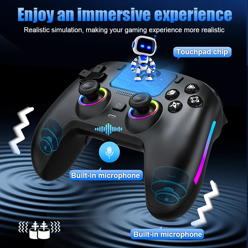 Mando negro con iluminación RGB azul, panel táctil y micrófono integrado, vista inclinada