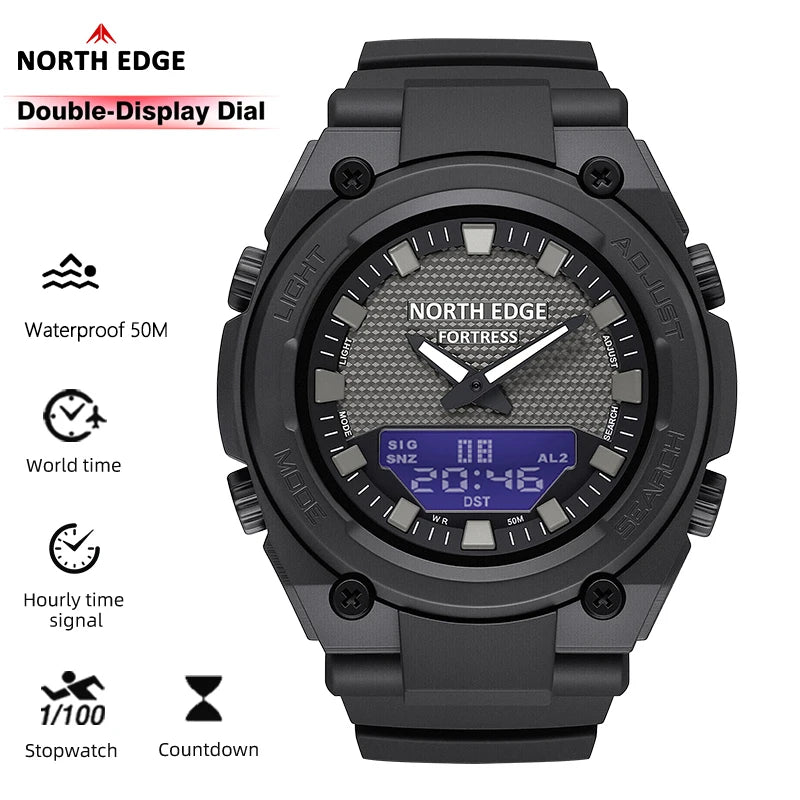 Reloj militar digital para hombre NORTH EDGE FORTRESS, deportivo, para exteriores, resistente al agua 50m, con hora mundial, cuenta regresiva y pantalla LED