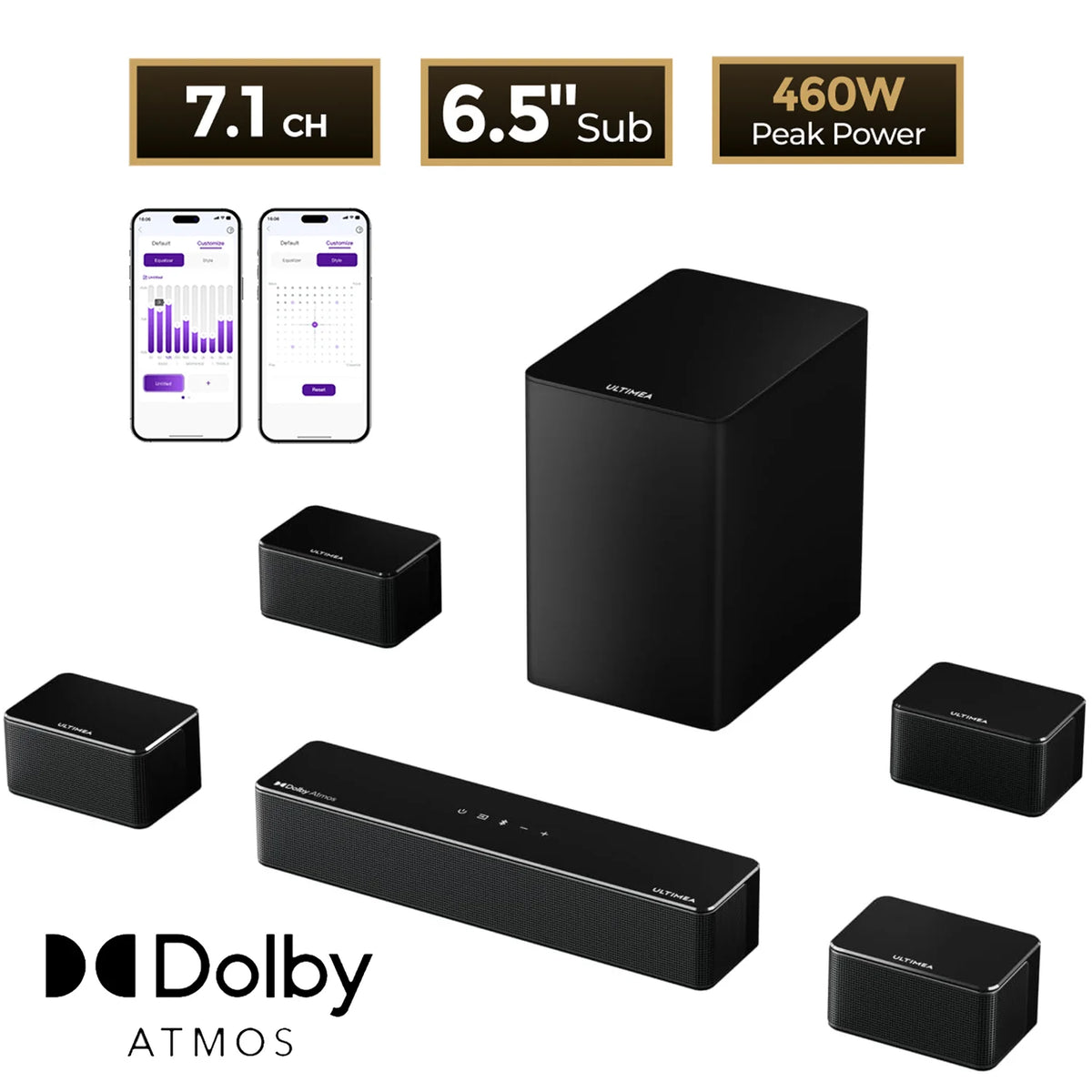 Barra de Sonido ULTIMEA Poseidon D80 Boom 7.1ch 500W Dolby Atmos, Subwoofer Inalámbrico y 4 Altavoces Surround, Cine en Casa, Control por Aplicación