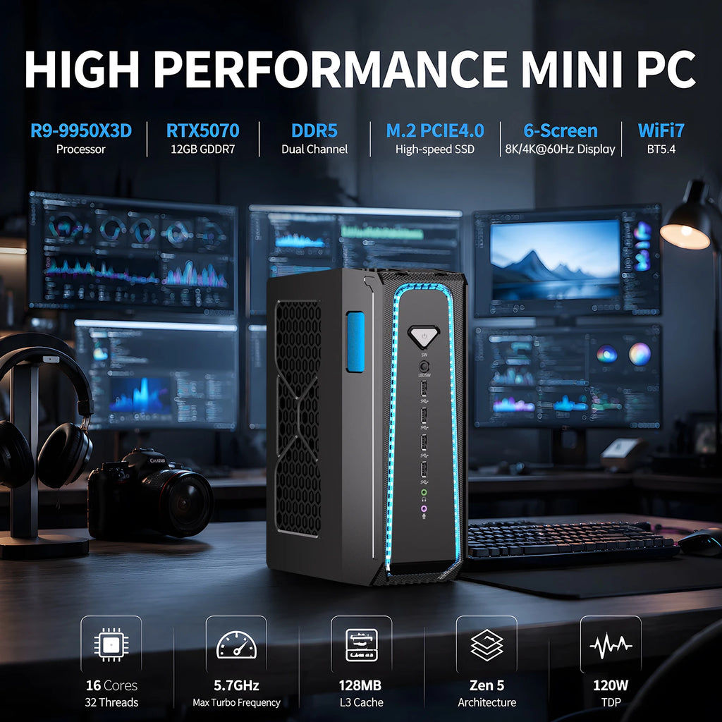 PC para juegos con refrigeración líquida MSECORE, AMD Ryzen 9 9950X3D, tarjeta gráfica RTX5070, memoria DDR5, doble SSD NVMe M.2, WiFi6E, BT5.3, LAN 2.5G, 8K