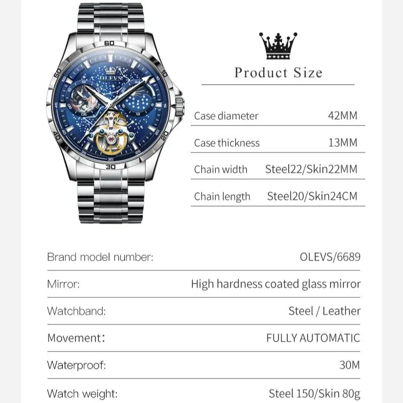 Reloj automático OLEVS con esfera esqueleto de volante para hombre, reloj de pulsera mecánico de negocios, impermeable, con diseño de cielo estrellado y luminiscente