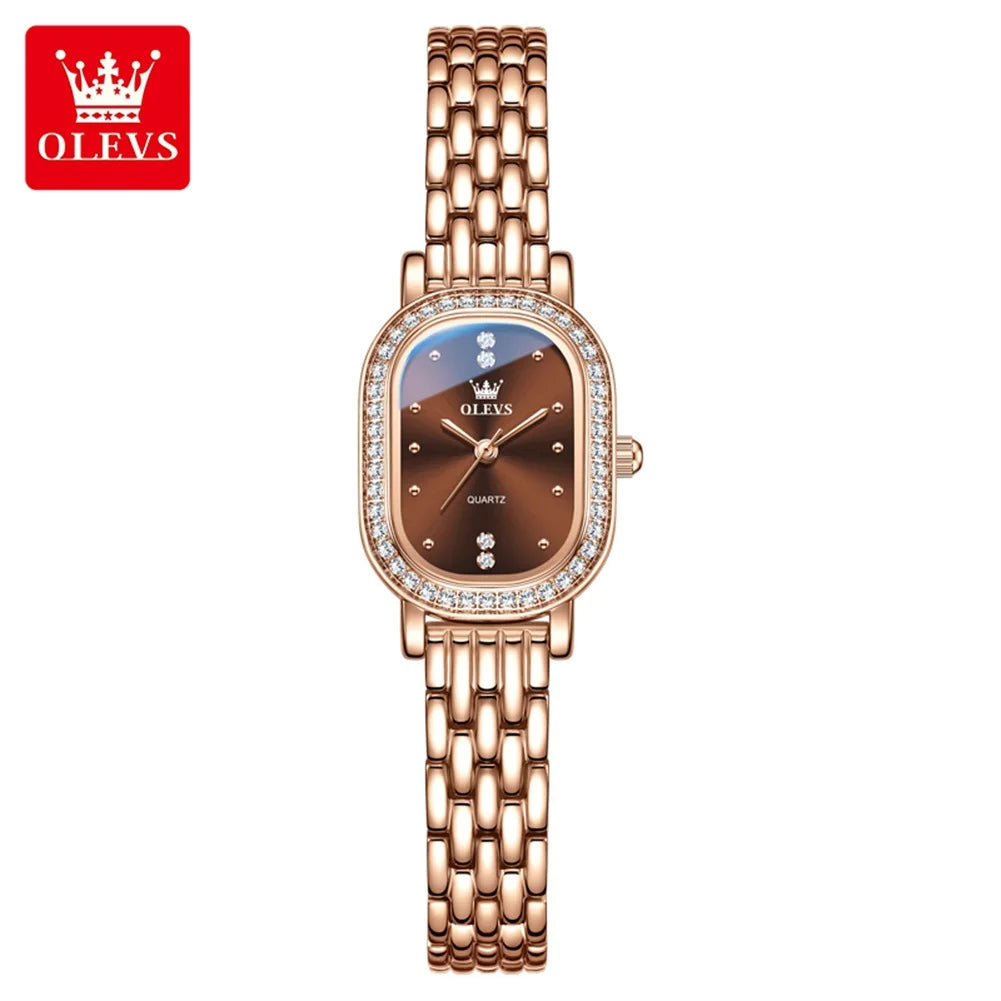 Reloj de pulsera para mujer OLEVS de lujo, diseño ovalado con bisel de cristal, cuarzo delgado, correa de piel y acero, elegante reloj multicolor 5697