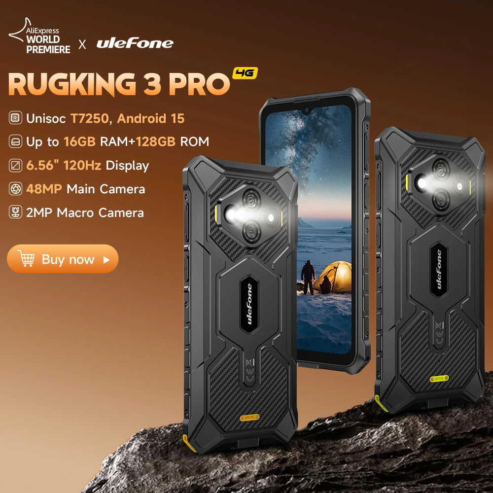 【Estreno mundial】Teléfono resistente Ulefone RugKing 3 Pro, 6.56", 120Hz, 5700mAh, Android 15, hasta 16GB RAM, 128GB ROM, NFC, 4G, global