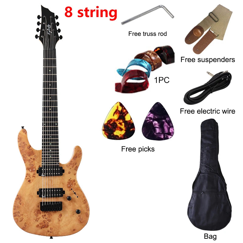 Guitarra Eléctrica de 7 y 8 Cuerdas, 39 Pulgadas, Tapa de Madera de Okoume, Cuerpo de Madera de Okoume, Mástil de Arce Canadiense, Acabado Brillante, Alta Calidad, Rojo y Azul