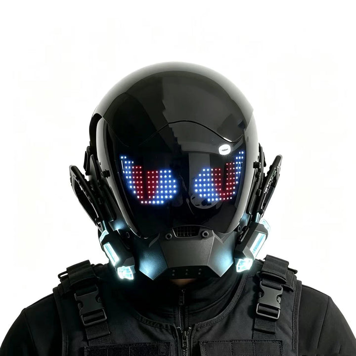 Máscara de casco LED de estilo cyberpunk con pantalla integrada, controlable mediante aplicación, diseño tecnológico de cobertura total para Halloween, fiestas de disfraces, festivales de música.