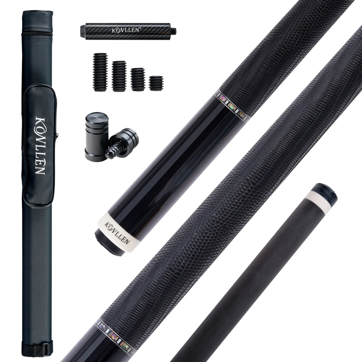 Taco de billar KONLLEN 2.0 de fibra de carbono con flecha Pro Taper de baja deflexión, 58 pulgadas, punta de 12.5 mm / 11.8 mm, pin radial e incrustaciones de ébano real.