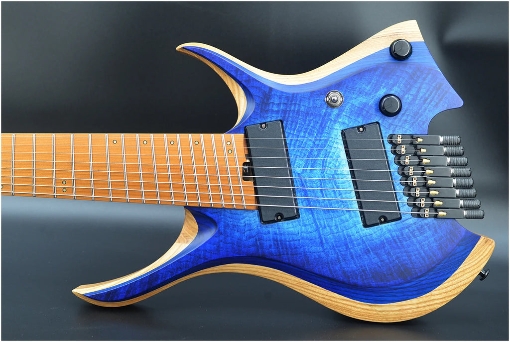 Guitarra NK 2026, con trastes en forma de abanico, 8 cuerdas, cuello con unión en forma de cuña, guitarra eléctrica sin clavijero, color azul brillante, cuello de arce, envío gratuito.