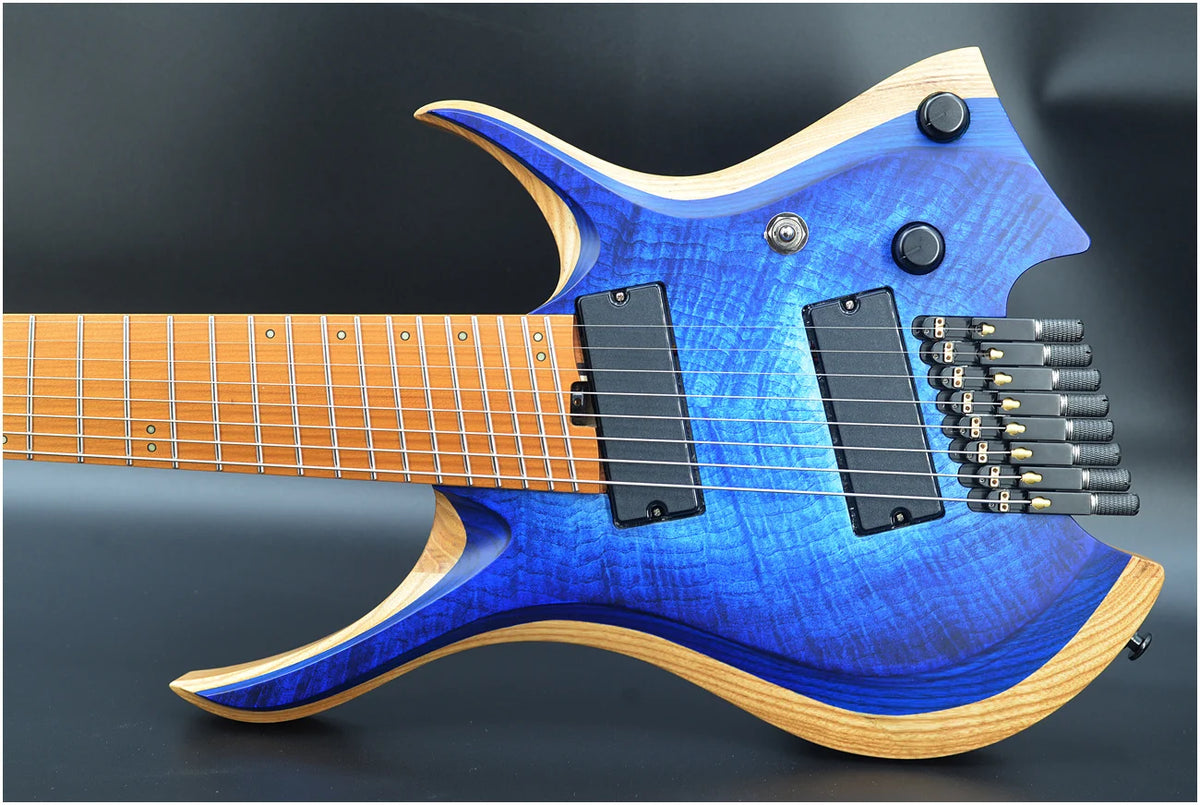 Guitarra NK 2026, con trastes en forma de abanico, 8 cuerdas, cuello con unión en forma de cuña, guitarra eléctrica sin clavijero, color azul brillante, cuello de arce, envío gratuito.