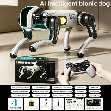 Perro biónico AI blanco y negro con luces verdes; caja del producto y mando remoto