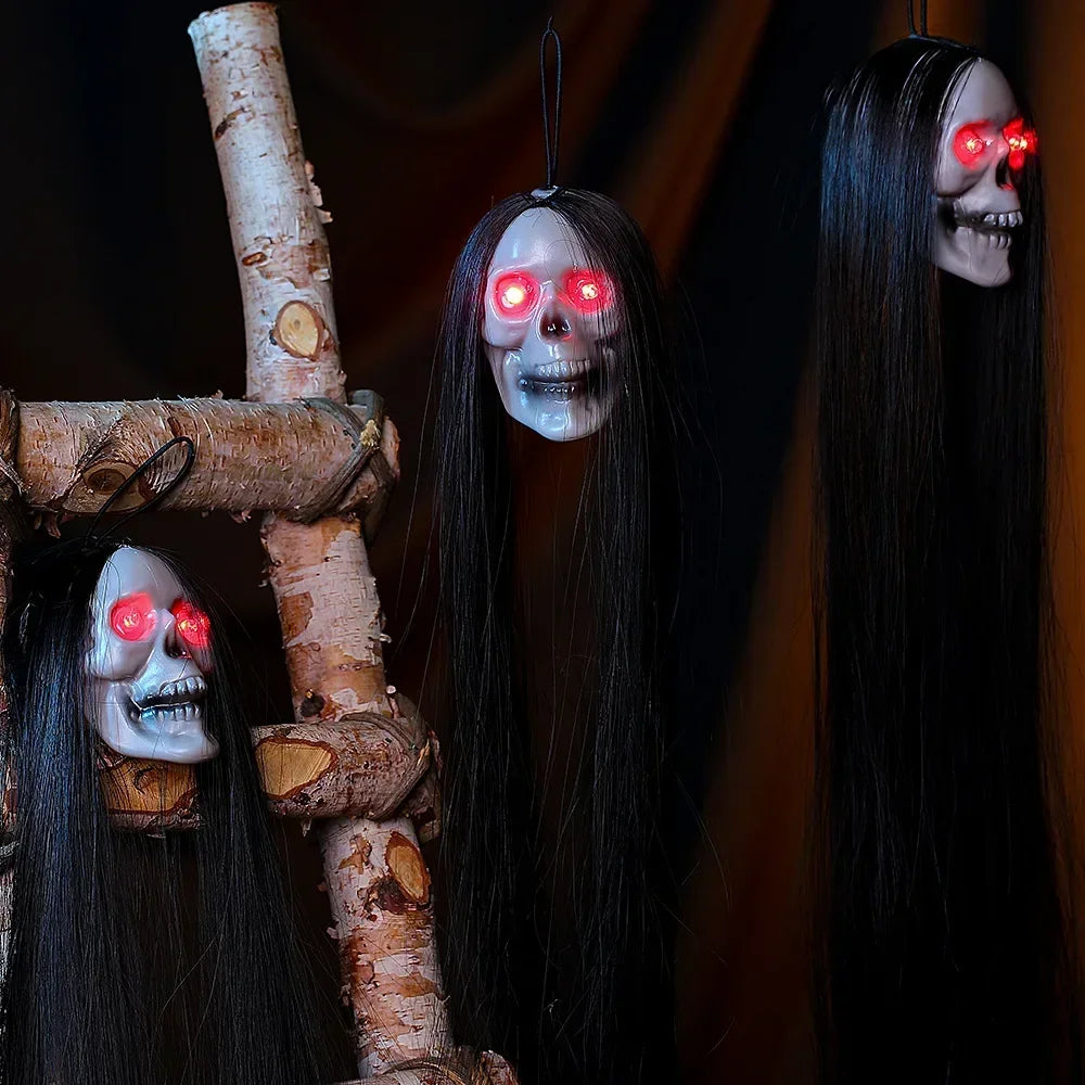 Halloween Ghost Skull with Long Hair Glowing Eyes Terror Skeleton Head Prop Haunted House Decoration for Party Outdoor Yard ﻿