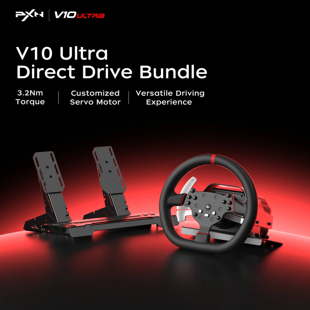 Kit de Volante de Carreras PXN V10 Ultra Direct Drive, Volante con Force Feedback de 3.2 Nm, Pedales con Efecto Hall, Diseño de 4 Palancas, Compatible con APP para PC/PS4/Xbox