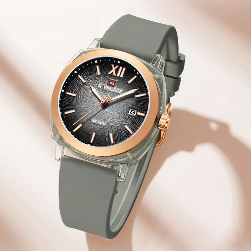 Reloj de cuarzo sencillo para mujer NAVIFORCE, reloj de pulsera informal para dama, con calendario, manecillas luminosas, correa de silicona y resistente al agua 5ATM