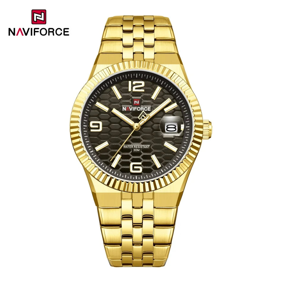 Reloj NAVIFORCE para hombre, de negocios, con esfera redonda, acero inoxidable, textura de panal, fecha, manecillas luminosas, cuarzo resistente al agua