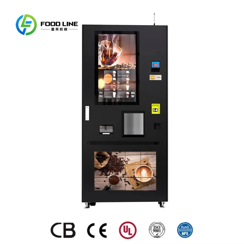 Máquina de café automática negra con pantalla LCD y puerta de dispensación, vista frontal