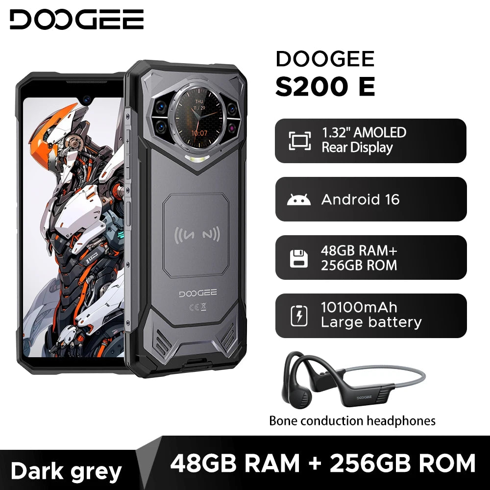 Estreno mundial del teléfono resistente DOOGEE S200E 5G, pantalla trasera de 1,32", 10100 mAh, 48 GB de RAM (8 GB + 40 GB), 256 GB de ROM, pantalla de 6,72", Android 16