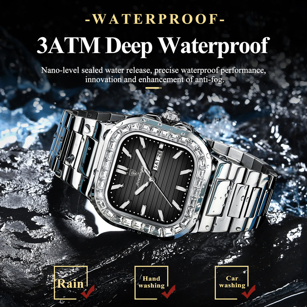 Reloj de cuarzo cuadrado para hombre POEDAGAR, a la moda, con fecha, semana, resistente al agua y luminoso, reloj de pulsera deportivo de lujo en acero inoxidable para hombre