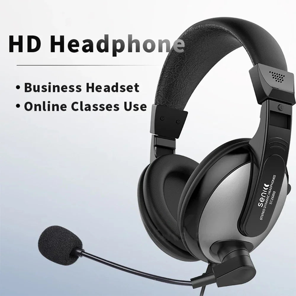 Auriculares con diadema negra y micrófono con cable, copa con acabado de espuma