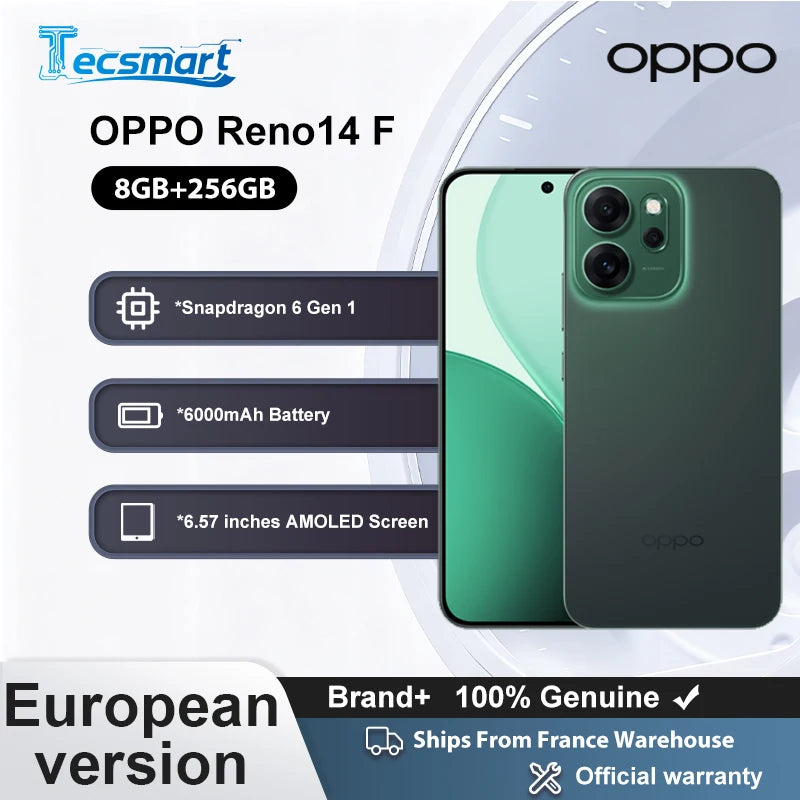 Smartphone - OPPO Reno14 F 5G, 8GB+256GB verde, versión europea, pantalla AMOLED de 6,57" 120Hz, Snapdragon 6 Gen 1, 6000mAh, cámara de 50MP, eSIM, Wi-Fi 5, NFC, GPS, GLONASS, Bluetooth 5.1