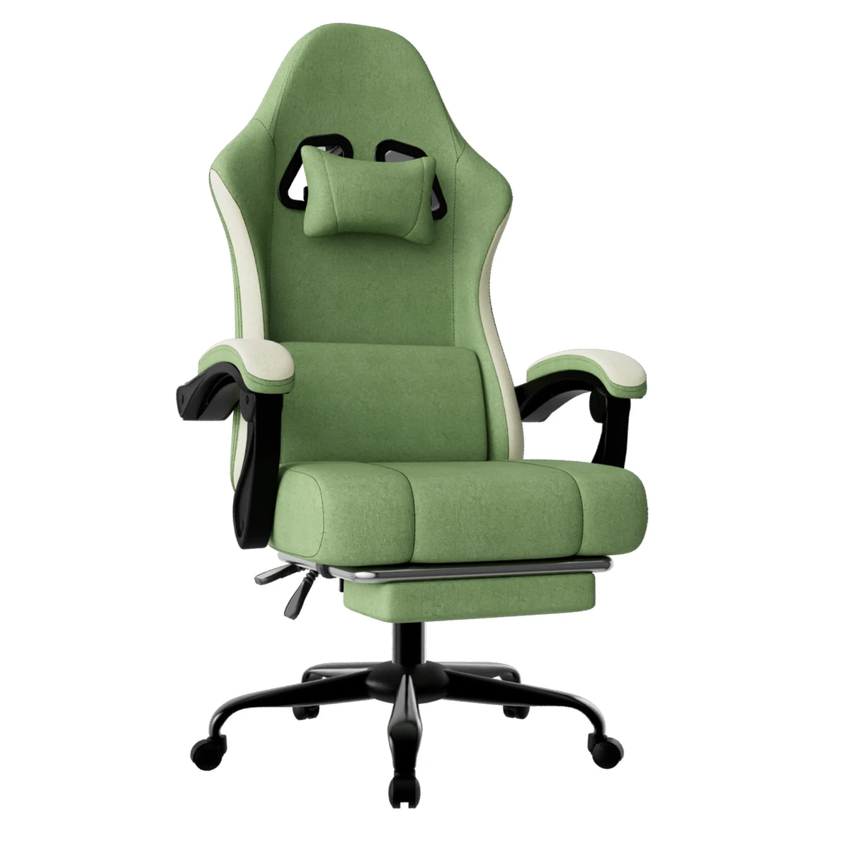 Silla de gaming ergonómica verde con reposacabezas y almohadilla lumbar, base con ruedas